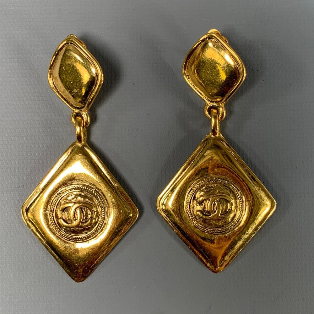 CHANEL Gold Tone Quilted Logo Clip-On Earrings